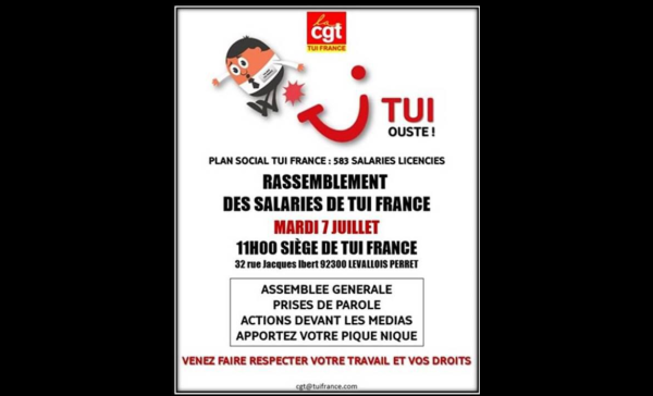 TUI France. Face au plan de licenciements, rassemblement mardi 7 juillet à 11h à Levallois